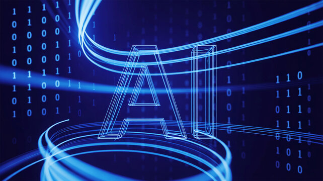 Digital AI Neon Graphic – Blue Binary Data, Futuristic Technology, Modern Cyber Network Art