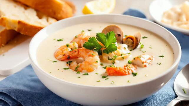 Bowl new england clam chowder garnished with shrimps and parsley, served with lemon and bread.