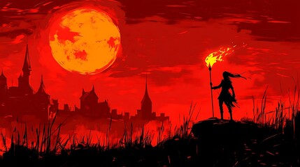 Silhouette figure with torch at sunset over a city of dark silhouettes.