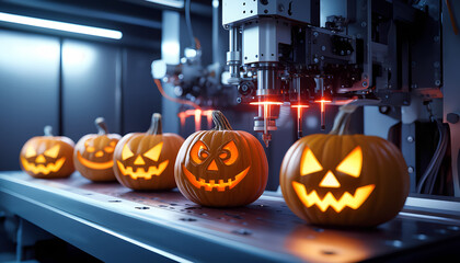 Fototapeta premium A high-tech pumpkin carving machine creating glowing jack-o'-lanterns with precision lasers.