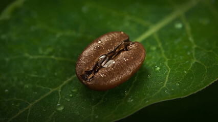 Obraz premium Photorealistic Conceptual Graphic of a Single Wet Coffee Bean on a Fresh Green Leaf with Water Droplets