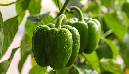 Two dewy green bell peppers hang from a plant