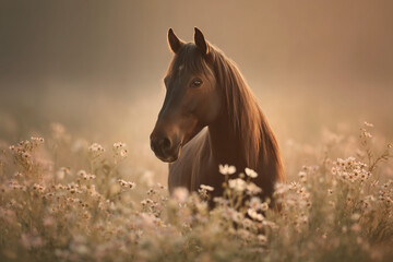 Obraz premium a beautiful brown horse on a wildflower field while the sun is setting. you must not blur, the image is highly aesthetic