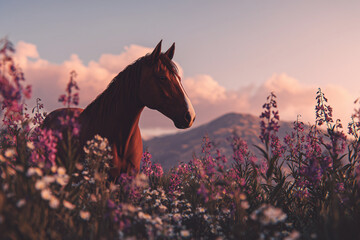 a beautiful brown horse on a wildflower field while the sun is setting. you must not blur, the image is highly aesthetic