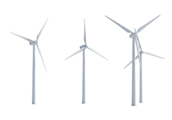 Four modern white wind turbines, each with three blades, precisely angled on an expansive, transparent plain with uniform shadowless lighting, showcasing their full form. Concept of renewable energy