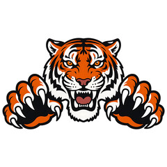 Fototapeta premium Fierce tiger head with extended claws isolated on a transparent background