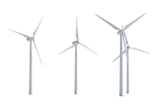 Four modern white wind turbines, each with three blades, precisely angled on an expansive, transparent plain with uniform shadowless lighting, showcasing their full form. Concept of renewable energy