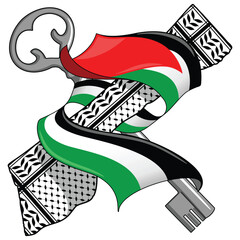 Palestine Flag wrapped around Gaza Map with keffiyeh pattern and the Key of Return Vector illustration isolated on white
