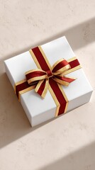 White Square Gift Box Mockup with Ribbon and Shadow on a White Surface. High quality