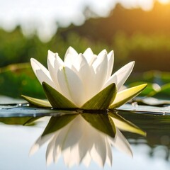 A pristine white water lily floats serenely on calm water, its reflection mirrored perfectly