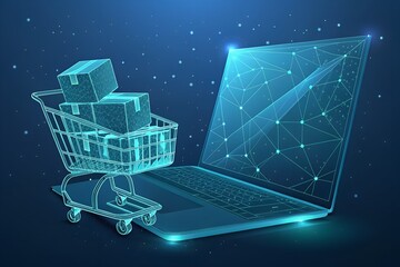 Digital E-commerce Concept, Shopping Cart and Laptop