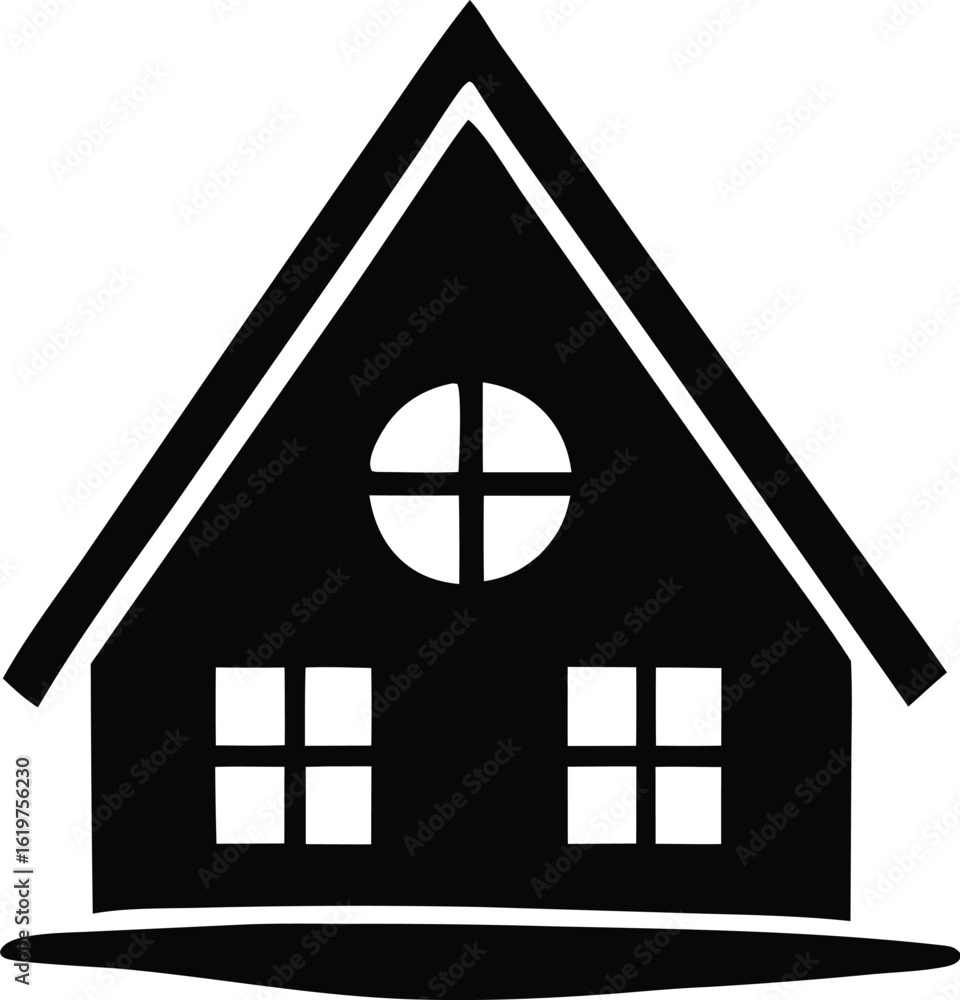 Poster simple black silhouette of a two story house with a circular attic window and rectangular ground flo