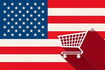 American E-commerce and Shopping, USA Flag with Cart