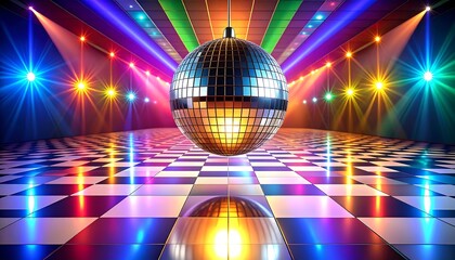 Colorful disco ball in a vibrant dance floor