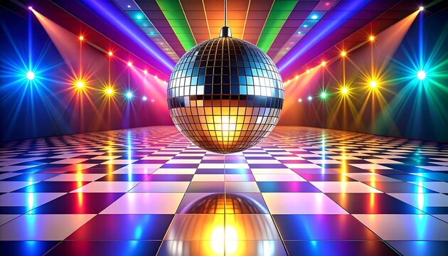 Colorful disco ball in a vibrant dance floor - Powered by Adobe