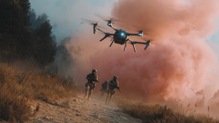 Tactical drone deploys smoke screen as AI troops advance through ambush zone at dusk
