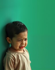 A minimalist portrait of a child in a beige shirt against a bright green wall, exploring color contrast, simplicity, and urban visual identity