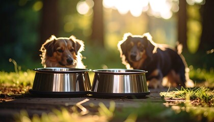 Two dogs, one eating, one watching, backlit by the setting sun in a grassy area