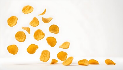 Fototapeta premium An image of multiple golden yellow potato chips with irregular shapes and a crispy porous texture