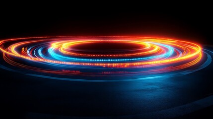 Abstract concentric circular light trails on a dark surface.