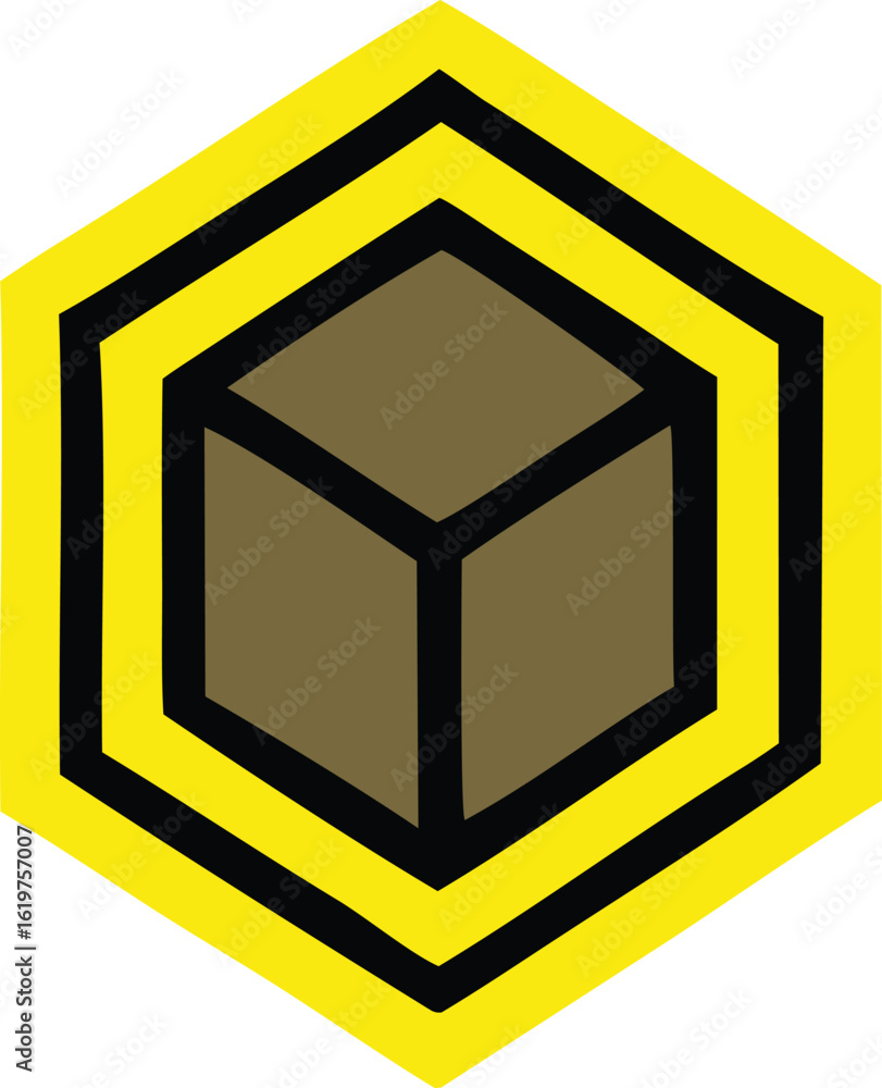 Poster geometric hexagonal emblem featuring a stylized brown cube within concentric yellow and black lines