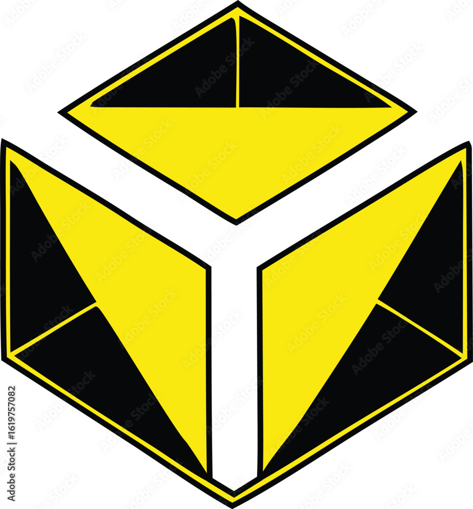 Poster abstract geometric logo design featuring three yellow and black triangular planes forming a stylized