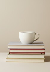 Naklejka premium White cup placed on stack of books on neutral background. Preparing for school 