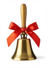 Gold bell with wooden handle and red ribbon decoration. Preparing for school  