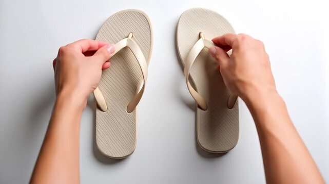 Beige flip-flops on a white background.  Hands adjusting straps