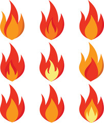 Collection of nine stylized cartoon fire icons showcasing vibrant orange and yellow flames with distinct shapes and sizes