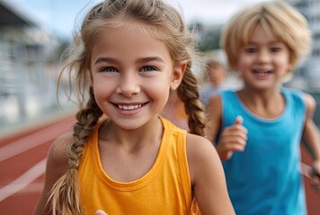 Young children laughing and running on the track at a school sports day, close-up of happy kids playing a race with their friends outdoors on a sunny summer day
