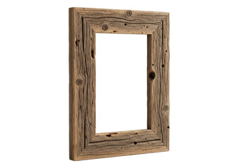 Rustic, weathered wooden picture frame crafted from reclaimed wood with coarse grain, knots, distressed texture, and faded varnish, empty opening, isolated on transparent background with copy