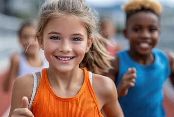 Young children laughing and running on the track at a school sports day, close-up of happy kids playing a race with their friends outdoors on a sunny summer day
