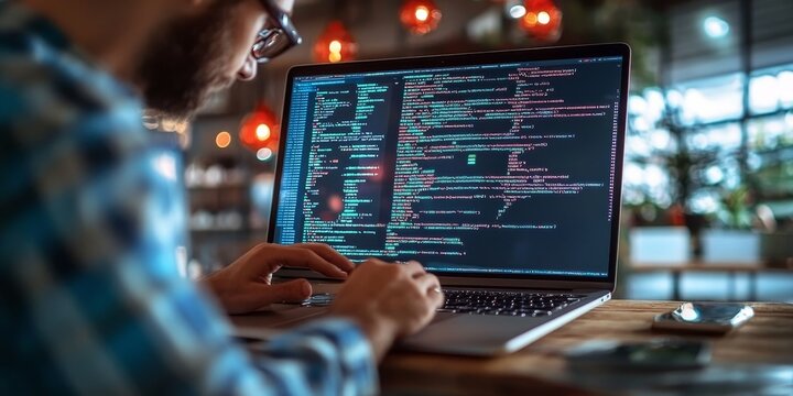 Bearded programmer typing code on laptop with smartphone notifications in a modern office setting.