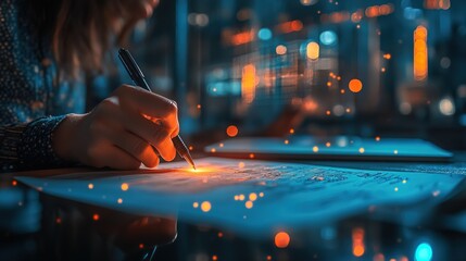 Artistic Glowing Focus Hand with Pen Signing Document Abstract Style