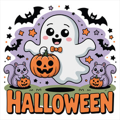 Cute Halloween Ghost Illustration with Pumpkin, Bats, Squirrels, and Stars – Kawaii Halloween Design

