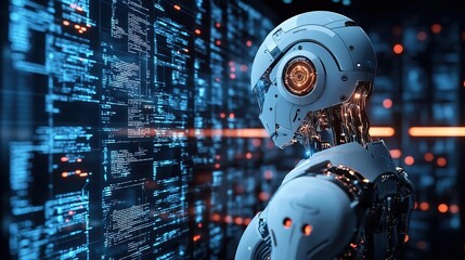 Fototapeta premium Futuristic Robotic Humanoid Analyzing Complex Data Code Screen Illustration