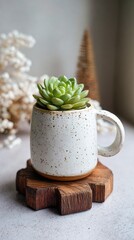 White Speckled Ceramic Mug with Small Succulent on Wooden Stand. High quality