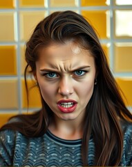 Portrait of young woman with dark long hair standing against geometric tiled background, wearing patterned shirt in bold color contrast style
