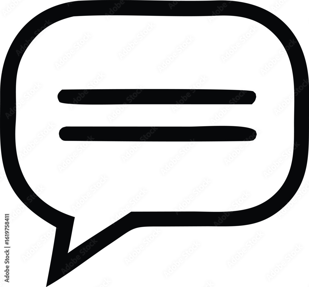 Poster simple black and white icon of a speech bubble with two horizontal lines representing a message or c