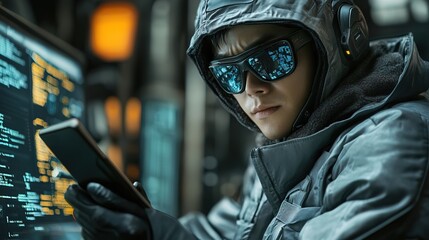 Modern Style Cyber Security Specialist Coding with Mobile Phone Application