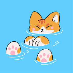 Orange cat in water vector cartoon illustration 