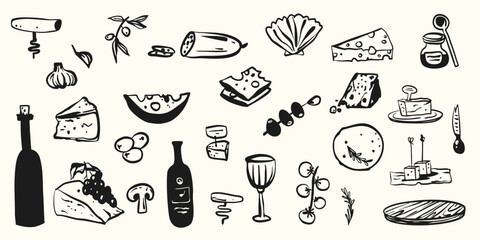 Hand drawn girlish whimsical cheese olives food wedding table party collection. Romantic vector illustration menu decoration. Cafe restaurant icons doodle graphic sketch set.