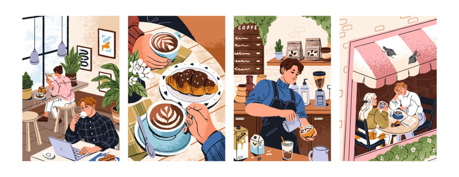 Cafe posters set. People meet, sit at the tables, drink beverages with croissant in coffeehouse. Barista makes coffee at the counter of coffeeshop. Breakfast in restaurant. Flat vector illustrations