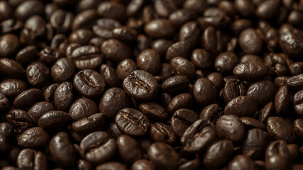 Obraz premium Ultrarealistic Macro Close-up of a Pile of Glossy Dark Roasted Coffee Beans, Revealing Rich Texture and Depth, Ideal for Cafe and Beverage Backgrounds