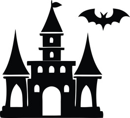 Silhouette of a spooky gothic castle with pointed towers and a flying bat against a stark white background for halloween