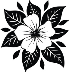 Elegant black and white floral design featuring a detailed flower surrounded by stylized leaves