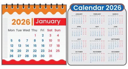 Calendar 2026 design with an elegant layout for every month from January to December. Ideal calendar design for annual planning, 2026 year business calendar for commercial uses. Editable font