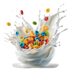 Colorful Cereal Splash in Milk with Whirl Motion