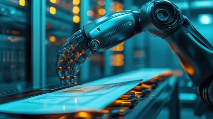 Futuristic Robotic Arm Inspecting Data on Conveyor Belt in Server Room